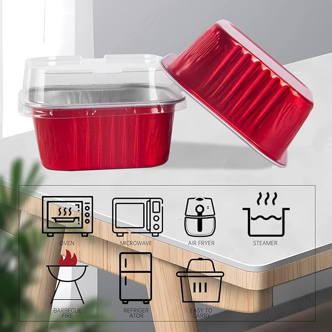50 Pcs Mini Square Baking Cups with Lids,5oz Aluminum Foil Mini Cake Pans with Lids,Disposable Ramekins Cake Pans,150ml Dessert Cups Cupcake Pans for Wedding Birthday Party,Red