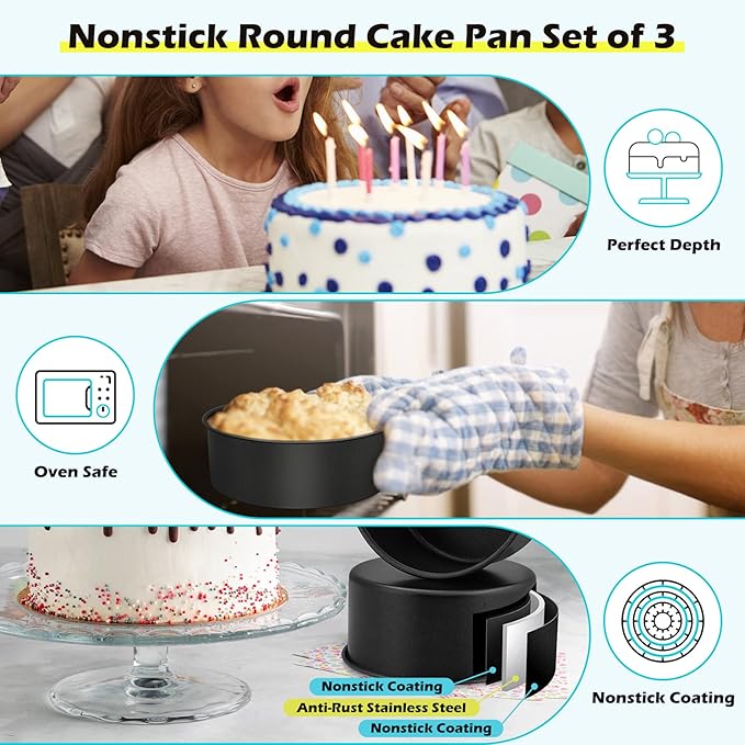 LIANYU 8 Inch Cake Pans Set for Baking, Round Cake Mold of 3, Nonstick Stainless Steel Baking Pan Tin, Non-toxic Coating, Straight Side & 3 Inch Deep, Sturdy & Rust Resistant