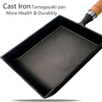 Tamagoyaki Japanese Omelette Pan Cast Iron with Wooden Lid, Square Japanese Egg Pan, Rectangle Tamago Pan with Spatula & Chopsticks 7” x 6” (Black)