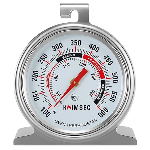 Oven Thermometer for Temperature Gauge, Safe for Inside Gas/Electric/Grill Smoker, Analog Dial Stainless Steel Oven Thermometers with Large Hanger & Base for Instant Reading in Cooking Baking