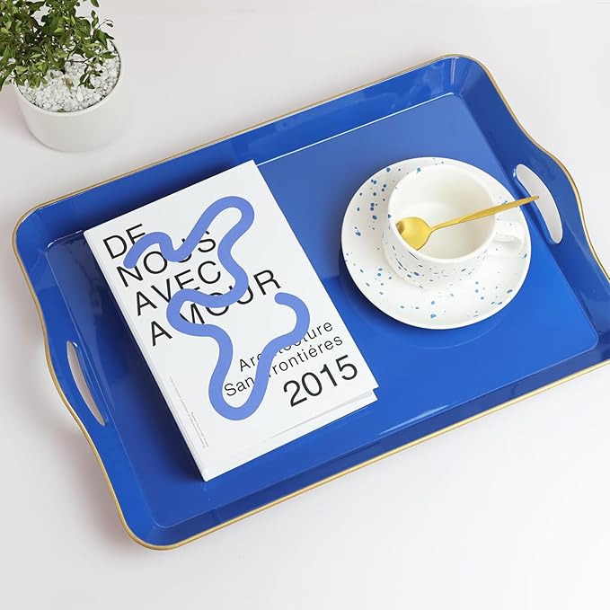 Spsyrine Large Blue Serving Tray with Handles, Plastic Decorative Tray for Coffee Table, Ottoman, Bathroom, Home Decor 17.3"*11.8"*2"