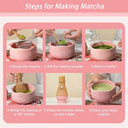 8 Pcs Matcha Whisk Set, Ceramic Matcha Bowl, Whisk and Holder, Bamboo Scoop and Powder Spoon, Scoop Rest, Sifter and Tea Towel, Matcha Set with Cherry Blossom Carved Patterns for Matcha Lovers (Pink)