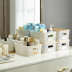 Small Plastic Storage Bins with Bamboo Lids 5.2qt Stackable Box Basket Pantry Decorative Containers Cute with Lable for Organizing Desktop Closet Office Cream White of 6 packs 10*7.2*4.1'’
