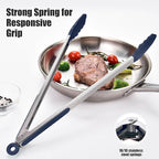 Doosu Kitchen Tongs for Cooking - 600°F Heat Resistant Food Tong with Non-Scratch Silicone Tips, Heavy Duty Stainless Steel Locking Tong for BBQ, Grilling Steak, Serving Salad Pasta (16in, Navy Blue)