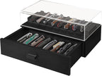Knife Display Case,2 Tier Wooden Pocket Knife Collection Case with Acrylic Lid, Pocket Knife Storage Drawer Organizer, Black