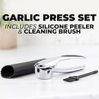 Zulay Kitchen Premium Garlic Press Set – Rust Proof & Dishwasher Safe Garlic Mincer Tool with Silicone Garlic Peeler & Brush, Easy Squeeze & Clean, Ergonomic Soft Grip Handle - Medium – Chrome