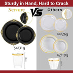 Nervure 350PCS Black Plastic Plates - Black Plastic Dinnerware Sets for 50 Guests - 100 Disposable Plates, 150 Gold Silverware, 50 Cups, 50 Napkins for Wedding & Party & Halloween