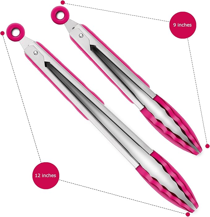 Premium Stainless Steel Food Tongs, 9-Inch & 12-Inch Wine Red Silicone BPA Free Non-Stick BBQ Cooking Grilling Locking Kitchen Tong