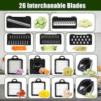 Multifunctional vegetable cutter 26 in 1 vegetable slicer, cucumber slicer, potatoes, tomatoes, zucchini, garlic, eggs, vegetable cutter with container and lid, salad cutter, dicing machine, shredder