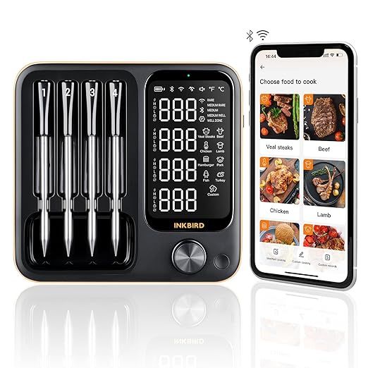 Wireless Meat Thermometer with 4 Probes, INKBIRD WiFi Meat Thermometer Digital Wireless for Rotisserie Grill Oven,Unlimited Range Dishwasher Waterproof Bluetooth Thermometer for iOS & Android