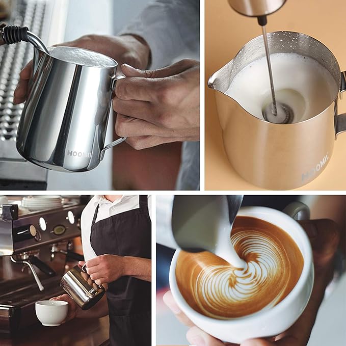 HOOMIL Milk Frothing Pitcher, 12oz/350ml Stainless Steel Steaming Pitcher Barista Milk Frother Cup Jug for Espresso Machine Coffee Cappuccino Latte Art - Silver