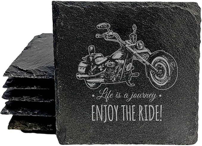 Coast in Style: Rustic Slate Coasters with Motorcycle Design - Square Slate - Set of 8