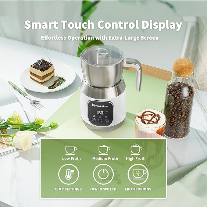 Maestri House Milk Frother, Variable Temp and Froth Thickness DualFro 600 Milk Frother Steamer, 21OZ Smart Touch Control Milk Warmer, Dishwasher Safe, Memory Function for Latte&Hot Chocolate (White)