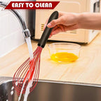TEEVEA Silicone Whisk Non Scratch Wisking Tool, Metal Wire Stainless Steel Whisk - Small Mini Heat Resistant - Black & Red, 11-Inch