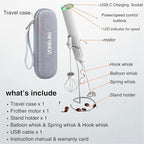 Milk Frother Handheld with 3 Stainless Steel Whisks, Rechargeable Electric Drink Mixer with Stand & Travel Case, Milk Foamer for Coffee, Latte, Cappuccino, Hot Chocolate, Egg,Jam Supplement-White