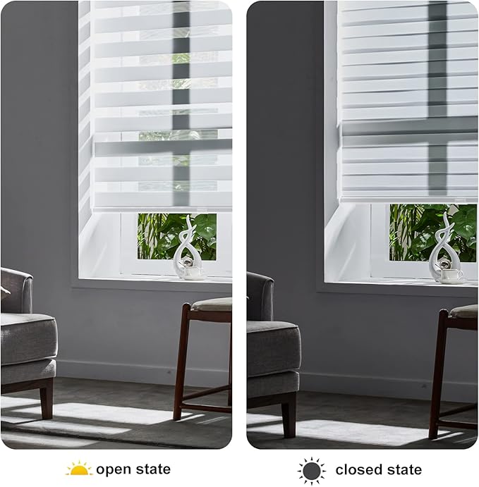Persilux Cordless Zebra Blinds for Windows Free-Stop Roller Windows Shades (31" W X 47" H, White) Dual Layer Light Control for Day and Night, Light Filtering Sheer Shades for Home, Easy to Install