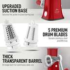 Zulay Kitchen Rotary Cheese Grater 5 Blade Cheese Shredder - Manual Hand Crank Cheese Grater With Reinforced Suction & 5 Interchangeable Drums - Easy to Use, Vegetable Chopper Round Mandoline Slicer