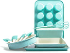 GreenLife Cooking Tools and Utensils, 5 Piece Nylon and Silicone Baking Set with Spatulas Wisk and Brush, Dishwasher Safe, Turquoise