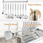 304 Stainless Steel Kitchen Utensils Set, 12 Pcs Long Metal Utensils Set with Potato Masher, Spoon, Ladle, Skimmer, Turner, Pasta Server, Tongs etc(Dishwasher Safe)