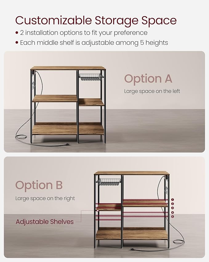 VASAGLE Baker's Rack, Coffee Bar Stand with Charging Station, Storage Shelves, Pull-Out Wire Basket, Table for Microwave, Kitchen, Rustic Walnut UKKS036K41, 15.7 x 35.4 x 35.6 Inches