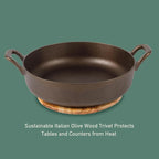 Bloomhouse Natural Bronze Finish 13-Inch Round Cast Iron Everyday Pan – Olive Oil Treated Cooking Surface with Dual Handles & Olive Wood Trivet, Oven, Stovetop & Campfire Safe