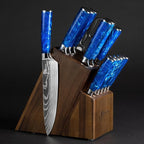SENKEN 16-Piece Kitchen Knife Block Set - Japanese Chef's Knife Set with Laser Damascus Pattern, Includes 6 Steak Knives and Smoothly-Finished Acacia Hardwood Knife Block (Blue Resin Handles)