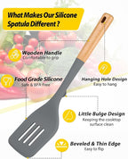 Pack of 2 Large Silicone Spatula, Heat Resistant Solid Turner, Non Stick Slotted Spatulas with Wooden Handle, Ideal Kitchen Utensils for Flipping, Pancakes, Eggs, Fish(GRAY)