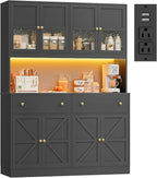 FINETONES 71" Pantry Cabinet with LED Light and Charging Station, Farmhouse Kitchen Pantry Cabinet with Microwave Stand, 47.2" Wide Kitchen Hutch Food Pantry with Open Countertop, Black