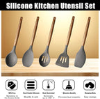 Kitchen Utensils Set, Silicone Cooking Utensils Set,Non-Stick Silicone Spatula Set with Natural Acacia Hard Wood Handle, 5 Piece, Upgraded Thickened Cookware