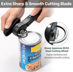 Beneno Can Opener, Safe Side Cut Can Opener Manual Smooth Edge with Smooth Cutting Wheel, Open Cans with no Sharp Edges, Effortless Easy to Turn Knob, Soft Non-Slip Handle, Black