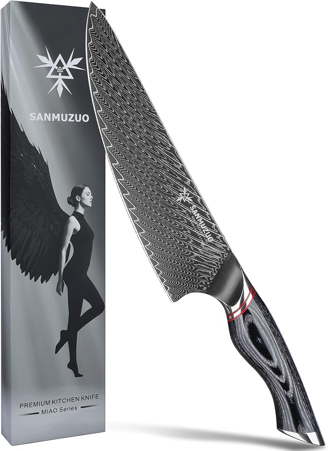 Chef Knife 8 Inch - Professional Japanese Kitchen Knife - Black Damascus Steel with Ergonomic Handle - MIAO Series
