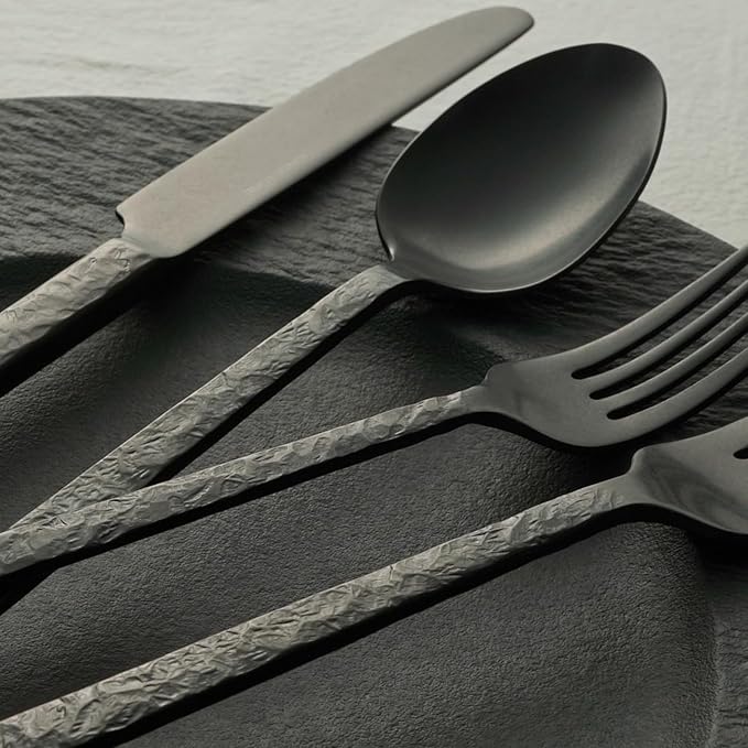 KINGSTONE 40 Pcs Black Hammered Silverware Set for 8, 18/10 Stainless Steel Heavy Duty Flatware Set, Tableware Cutlery Utensil Sets for Home Restaurant Dishwasher Safe
