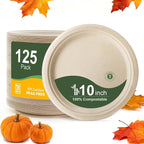 WELLIFE 100% Compostable Paper Plates 10 Inch, 125-Pack Heavy Duty Paper Plates Bulk,Biodegradable Bagasse,Eco-Friendly Disposable Dinner Plate for BBQ,Picnic,Party (BPI Certified,Microwaveable)