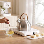 18/8 Stainless Steel Tea Kettle for Stovetop (2L / 2.1 Quart Whistling Tea Pot, Wood Handle)-Silver