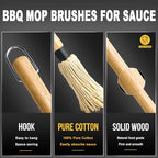 Walfos BBQ Mop Brushes for Sauce, Grilling Basting Mop Wooden Long Handle with 3 Heads, for Grilling, Barbecue, Smoking Steak (18")