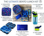 Bento Lunch Box with Bag, Water Bottle & Ice Pack Set for Kids Toddlers, 4 Portion Sections, Removable Tray, Pre-School Boy Toddler Daycare Lunches, Insulated Snack Container, Blue Space Dinosaur