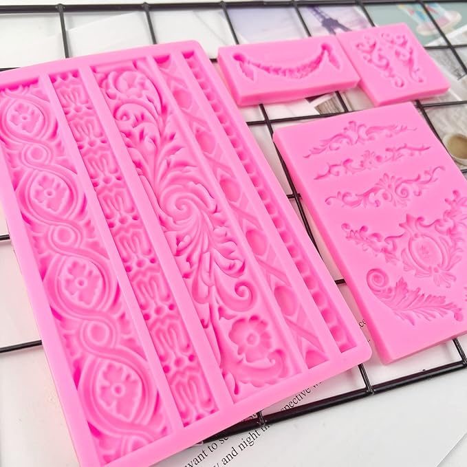 Rainmae 4 Pcs Baroque Fondant Silicone Molds, Relief Flower Lace Chocolate Mould, Scroll Lace Clay Mold, Filigree Mold 3D Sculpted Decoration, Cupcake Topper, Jewelry, Polymer Clay, Crafting Projects