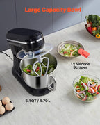 VEVOR Stand Mixer, 5QT Dough Mixer, 10+P Speeds Tilt-head Food Mixer, Kitchen Mixer with Stainless Steel Bowl, Dough Hook, Wire Whip, Beater, Scraper, Household Stand Mixer for Baking Mixing, Black