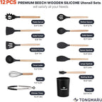 Silicone Cooking Utensils Set, Premium Beech Wood Handle Kitchen Gadgets Utensil Set, Non-Stick Kitchen Utensils Spatula, Tongs, Turner, Whisk, Brush, Spoon, BPA FREE, 446°F Resistant (Black)