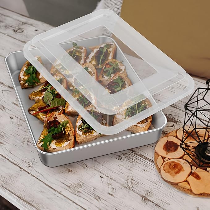 Leonyo Lasagna Pan with Lid, 10.5 x 8 x 2 Inch Rectangular Cake Pan with Lid, Stainless Steel Baking Sheet Brownies Casseroles Deep Tray for Toaster Oven, Focaccia, Fish, Chicken