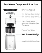 ZENS Modern Glass Tea Infuser Teapot, Smart One Touch Tea Maker for Loose Tea Diffusers with Insulated Mug and Portable Tea Kits, Cool Gongfu Tea Pot for Black Tea Lover Gifts
