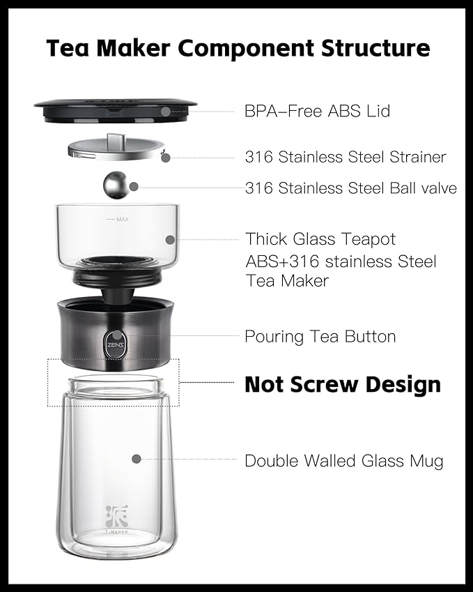 ZENS Modern Glass Tea Infuser Teapot, Smart One Touch Tea Maker for Loose Tea Diffusers with Insulated Mug and Portable Tea Kits, Cool Gongfu Tea Pot for Black Tea Lover Gifts