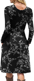 DB MOON Women Casual Long Sleeve Dresses Empire Waist Knee Length Loose Dress with Pockets