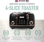 HADEN Heritage 4-Slice Toaster with Extra Wide Slots, 1500-Watt, Black & Copper - Retro Stainless Steel Design with Self-Centering Function, Adjustable Browning Control & Removable Crumb Tray