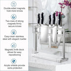YIIYIIN Magnetic Knife Block with Acrylic Shield - Marble Based Double Side Magnetic Knife Stand - Kitchen Magnetic Knife Holder - Knife Storage - Knife Holders for Counter Top - White