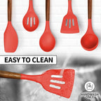 Zulay Kitchen Utensils Set Non-Stick Silicone Cooking Utensils Set with Authentic Acacia Wood Handles - 5 Piece Silicone Utensil Set - Kitchen Utensils Set with 464°F Heat Resistance - Red
