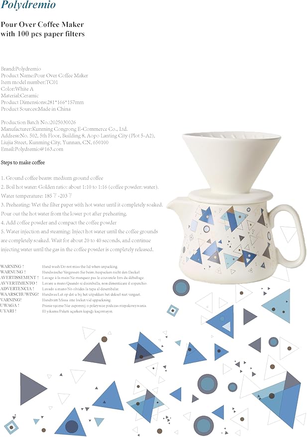 Pour Over Coffee Maker, Ceramic Coffee dripper with 100 pcs V60 Paper Filter, Ceramic coffee Server with Lid, 15.5oz/450 ml, Suitable for 1-2 people (White A)