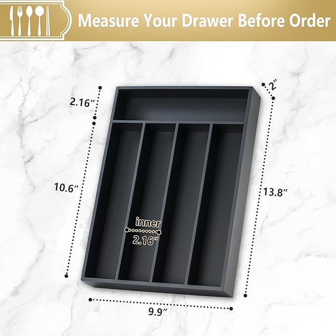 Silverware Organizer, 10 Inch Utensil Organizer Kitchen Drawer Organizer Bamboo Silverware Holder Cutlery Tray Organizer in Drawer Flatware Organizer Tray(5 slots, Black）