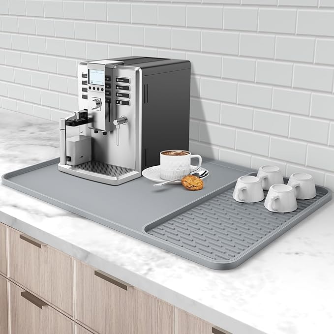 Silicone Coffee Mat, 24'' x 16'' Bar Mat with Detachable Dish Drying Mat for Countertops, Fits Under Coffee Maker, Machine, Espresso Machine, Dish Rack