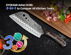 Cleaver Chef Knife with Herb Stripper, 7" Asian Kitchen Knife 3-in-1 Combined with Chef's Knife, Santoku, Nakiri for Slicing, Chopping, Dicing, Mincing, Housewarming Birthday Cooking Gifts